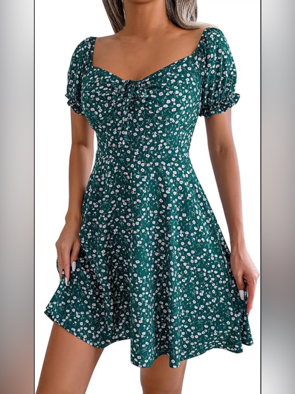 Green Floral Puff-Sleeve Mini Dress with Ruffled Hem
